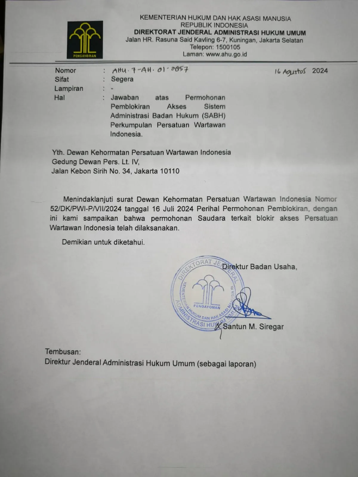 PWI Pusat Bantah Pernyataan Hendry Ch. Bangun tentang Penunjukan Plt Ketua PWI Kepri.