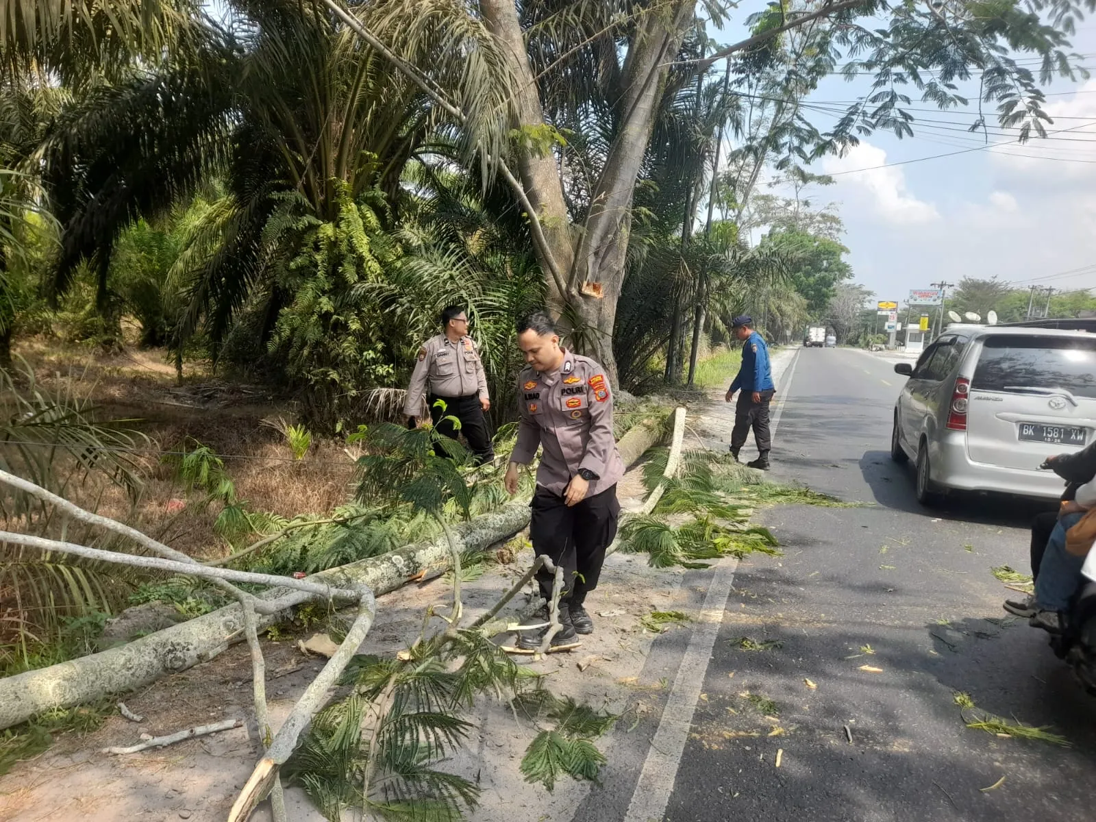 Personel Pos Pam 2 Sei Bejangkar Bersihkan Pohon Tumbang di Sei Balai