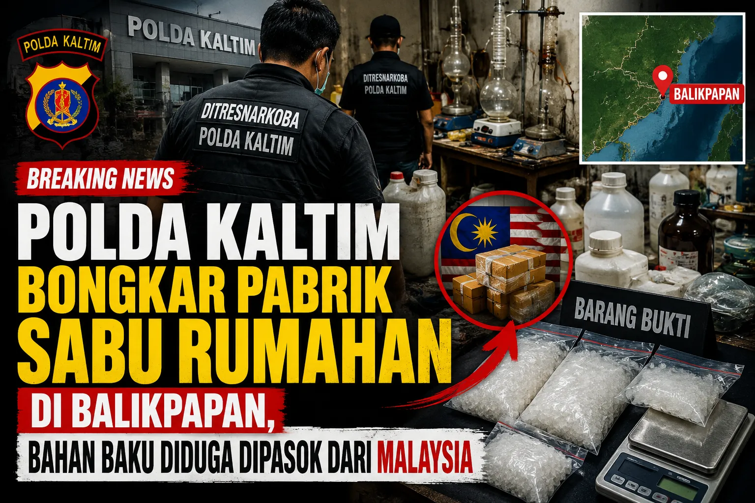Polda Kaltim Bongkar Pabrik Sabu Rumahan di Balikpapan, Bahan Baku Diduga Dipasok dari Malaysia