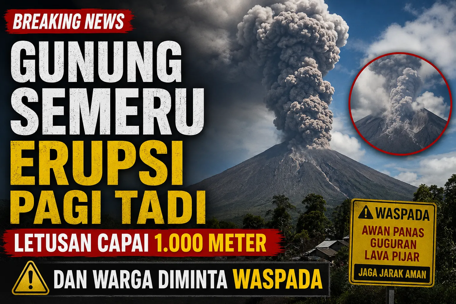 Gunung Semeru Erupsi Pagi tadi, Letusan Capai 1.000 Meter dan Warga Diminta Waspada