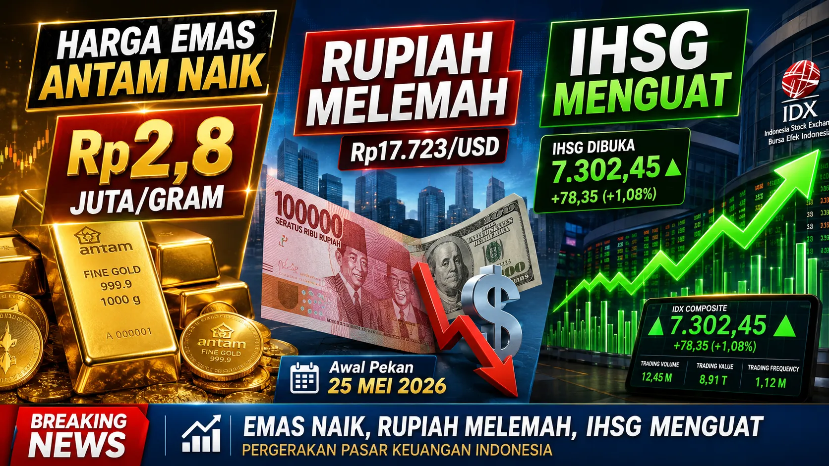 Harga Emas Antam Naik Jadi Rp2,8 Juta per Gram, Rupiah Melemah dan IHSG Dibuka Menguat
