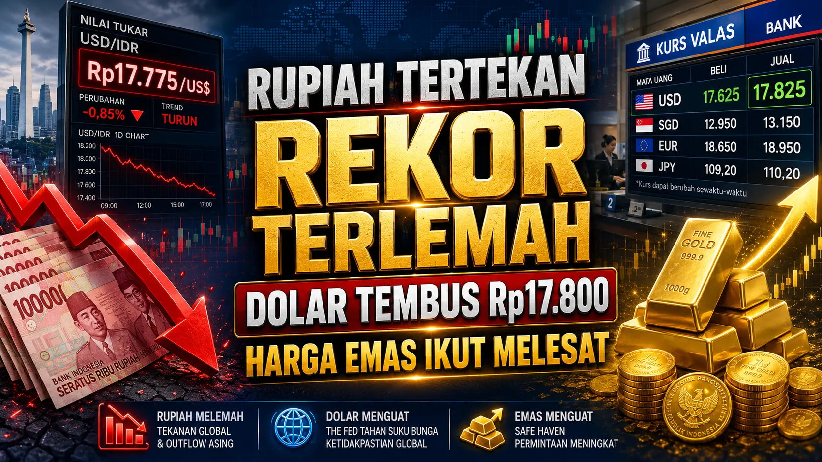 Rupiah Tertekan ke Rekor Terlemah, Kurs Dolar di Bank Tembus Rp17.800 dan Harga Emas Ikut Melesat