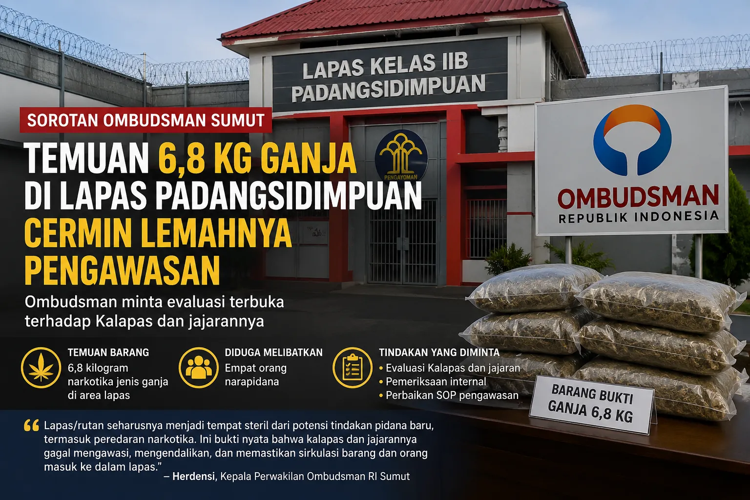Ombudsman Sumut Nilai Temuan Ganja di Lapas Padangsidimpuan Cermin Lemahnya Pengawasan