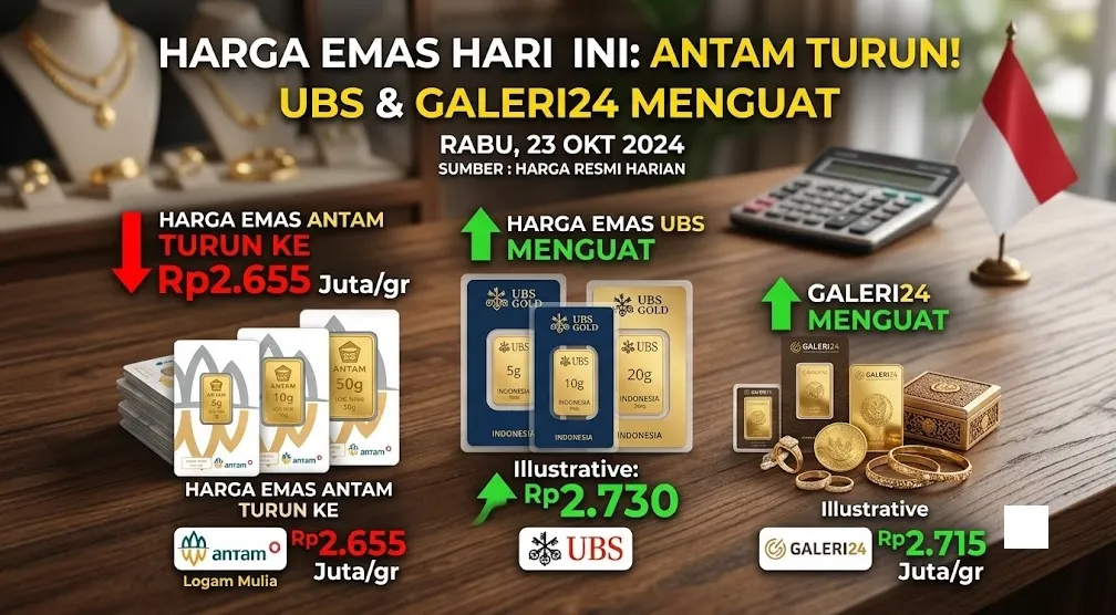 Harga Emas Hari Ini: Antam Turun ke Rp2,655 Juta per Gram, UBS dan Galeri24 Masih Menguat
